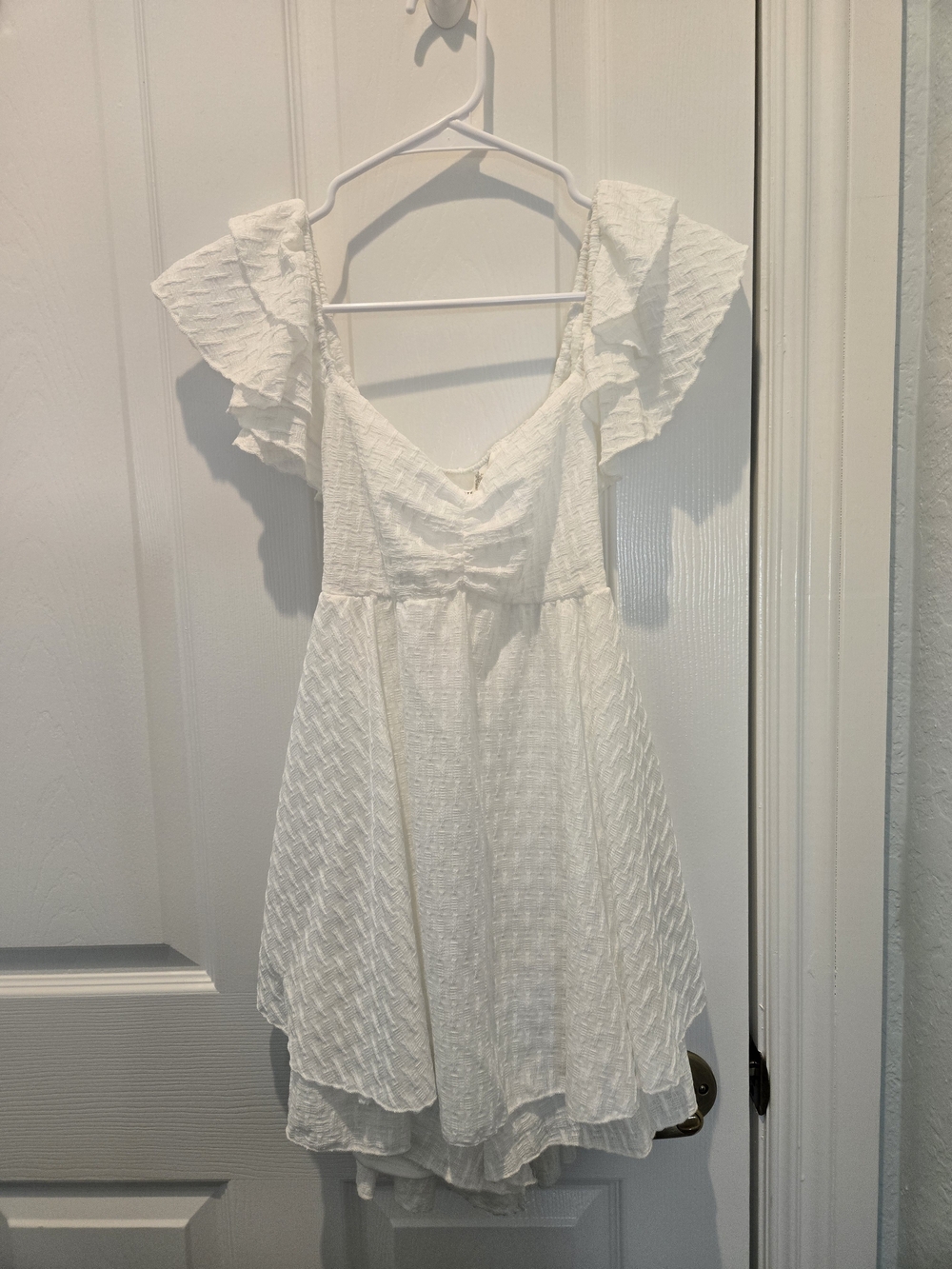 Altar'd State White Textured Ruffle-Sleeve Mini Dress/Romper